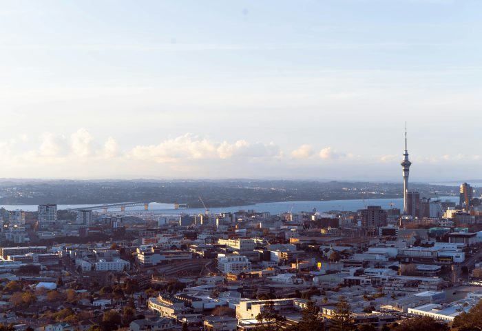 Auckland city skyline with Sky Tower, buildings, and a view of the harbor under a clear sky.