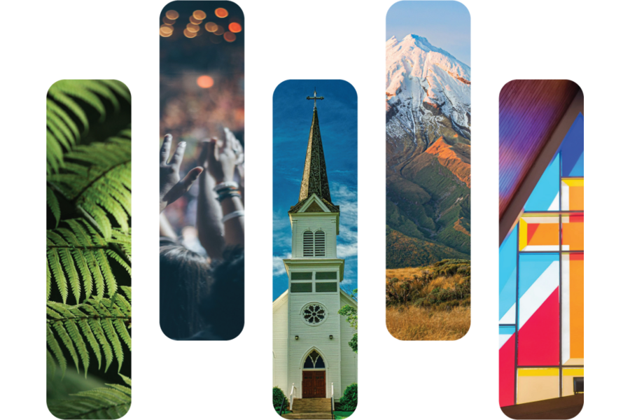 Five vertical panels with images of green fern leaves, a crowd at a concert, a church, a mountain, and colorful stained glass.